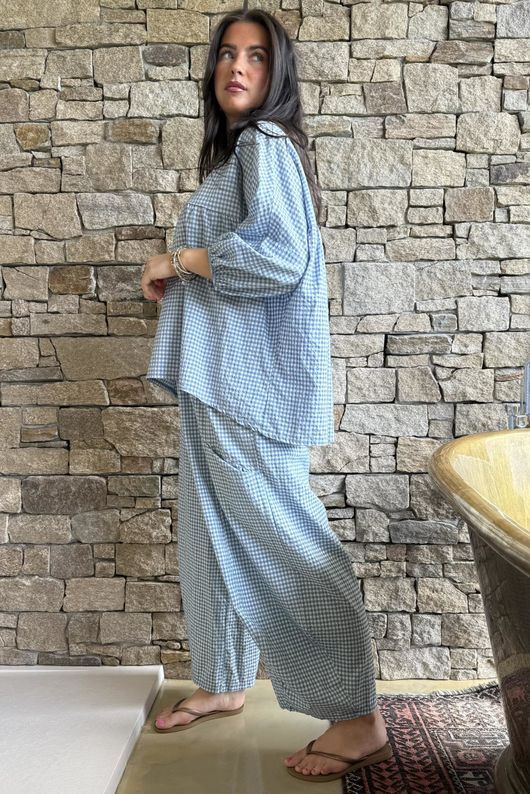 Arbi Gingham Peasant Smock Blouse Denim